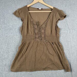 Ceres Top Womens L Brown Boho Crochet Lace Babydoll Smocked Y2K VTG Button